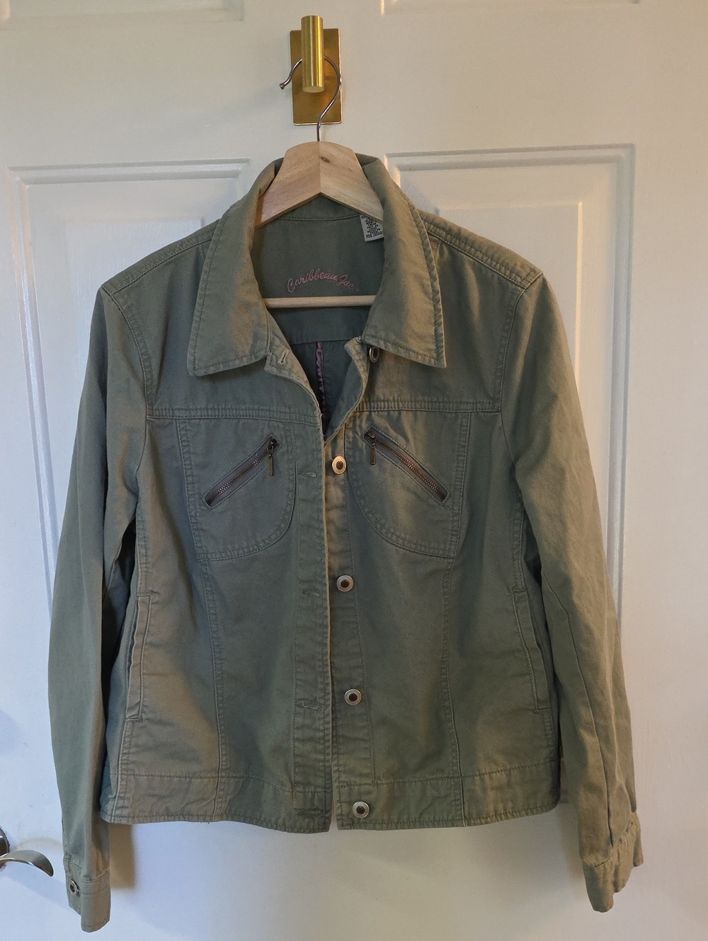 L Womens Caribbean Joe Military Green Utility Jacket with Zip Chest Pockets